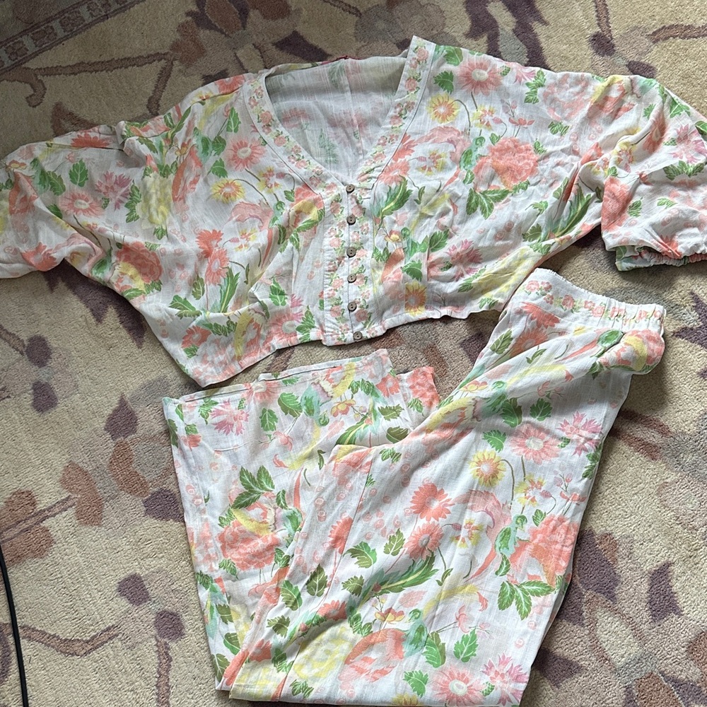 Floral Button-Front Two-Piece Set in Peach, Green & Yellow